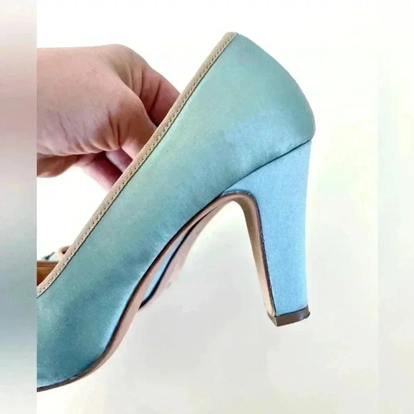Miss Albright Bijou Teal Blue Satin & Beaded Sequin Rhinestone Cap Toe Heels - Picture 11 of 16
